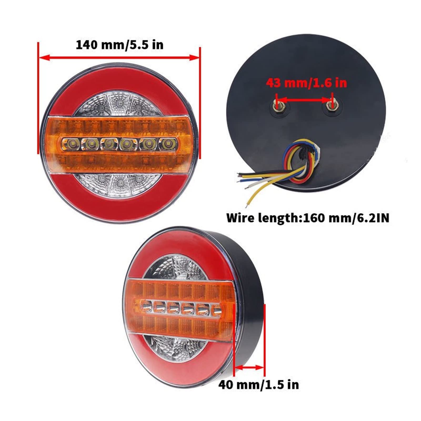 Luz Trasera Luz Trasera Redonda 2 Uds. 12V 24V para Remolques Camiones Señal Giro Dinámica Secuencial Freno Lámpara Marcha Atrás Luz Trasera para Tractor Furgoneta Luces Traseras