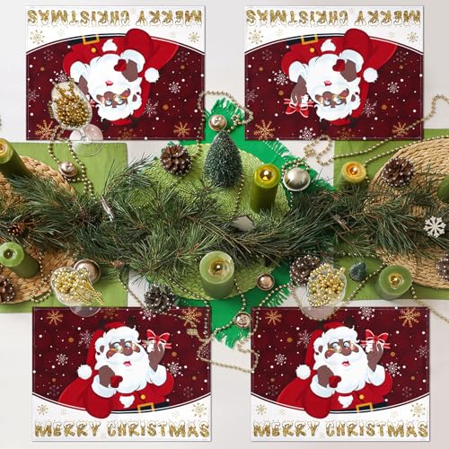 DECYOOL Jogo americano de Natal afro-americano, conjunto de 4 tapetes de mesa pretos de Papai Noel p