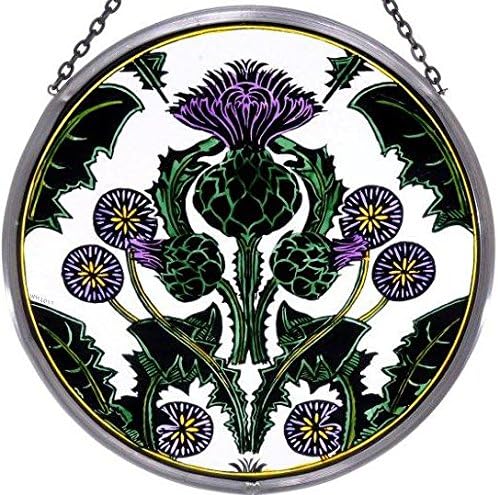 Decorative Hand Printed Stained Glass Window 6" Size Sun Catcher/Roundel in a Thistle Nouveau Design