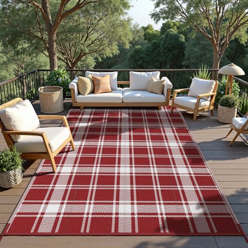 Image of GENIMO Outdoor Rug 3'x5' Waterproof for Porch, Plastic Door Mat Red Plaid | Outside Modern Carpet for Patio Decor, Balcony, Deck, Backyard, Picnic, Camping, RV, Reversible, Foldable, Lightweight