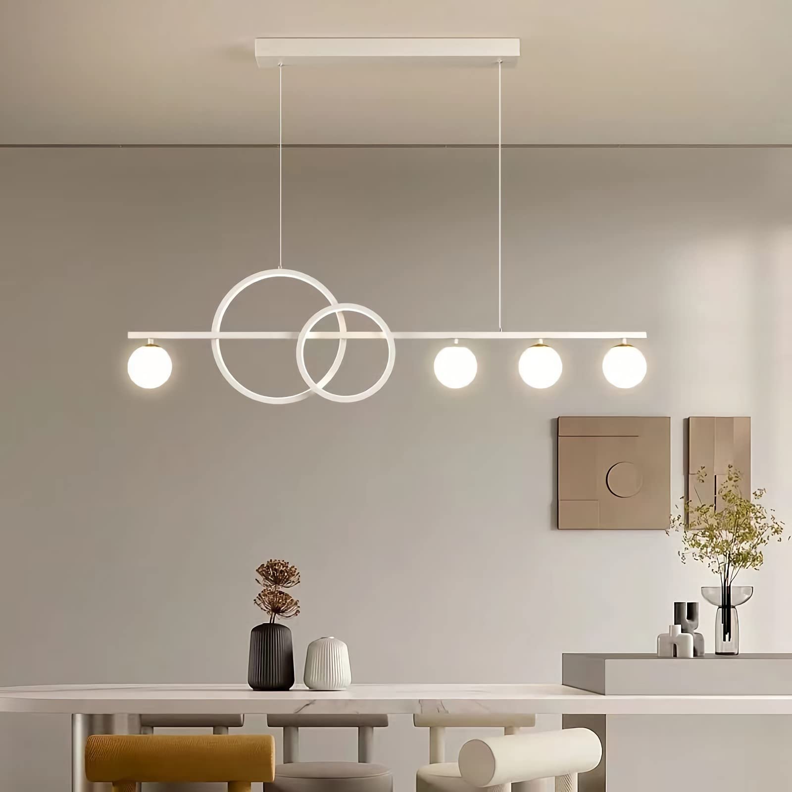 Modern LED Pendant Lamp - Dimmable, Height Adjustable for Dining Table, Kitchen, Living Room, Bedroom (White, L95cm)