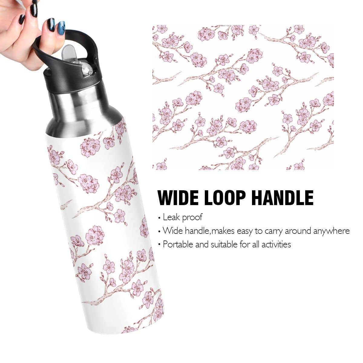 Edelstahl Wasserflasche mit Strohhalm, Sakura Kirschblüten Isolierte Trinkflasche Sport Wasserflasche für Kinder Erwachsene, auslaufsicher, 1L