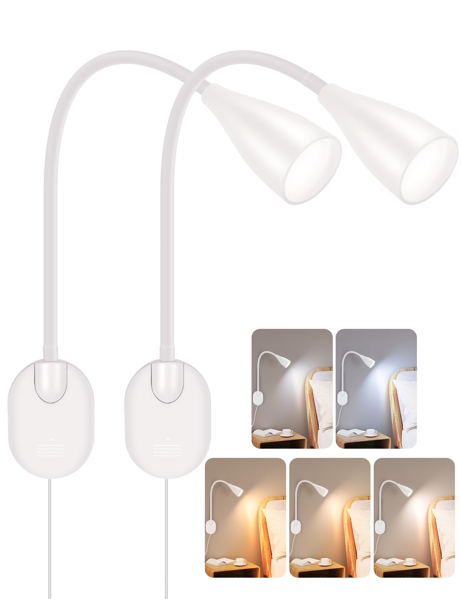 LiFMIRA Wall-Mounted LED Bedside Reading Light with USB Charging Port, 10-Level Dimmable & Adjustable 5 Color, Plug-in Adhesive Night Lamp for Books in Bed, Eye-Caring Bedroom Lighting (White 2 Pack)