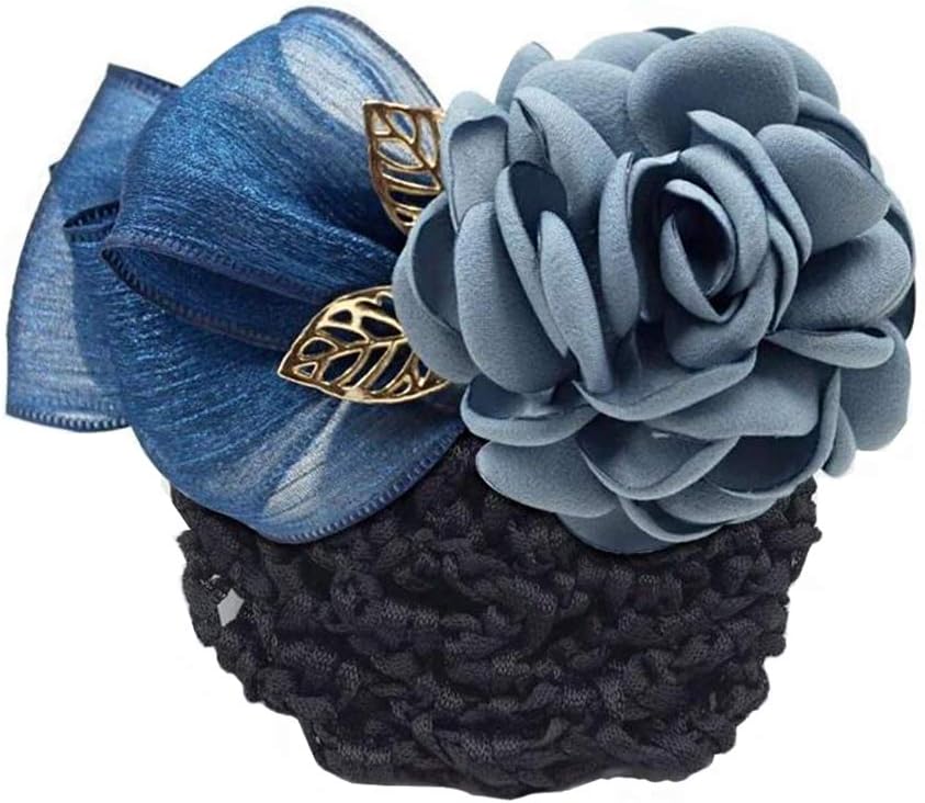 NATUWORLD Women Hair Bun Cover Net Snood Hairnet Bowknot Decor Barrette Hair Clip Bow Ribbon Flower Hair Accessories For Stewardess Banks Hotels Restaurant Staff (Blue)