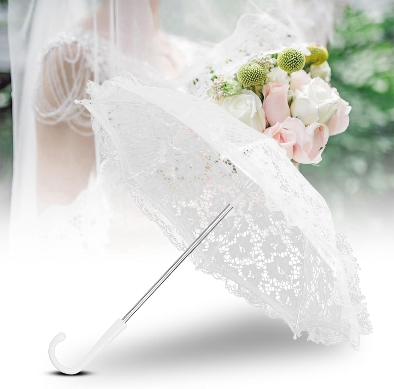 Ejoyous White Lace Parasol Umbrella Wedding Bridal Flowers Embroidery Umbrella Vintage Romantic Umbrella for Women Tea Party Decoration Photo Props Lady Costume