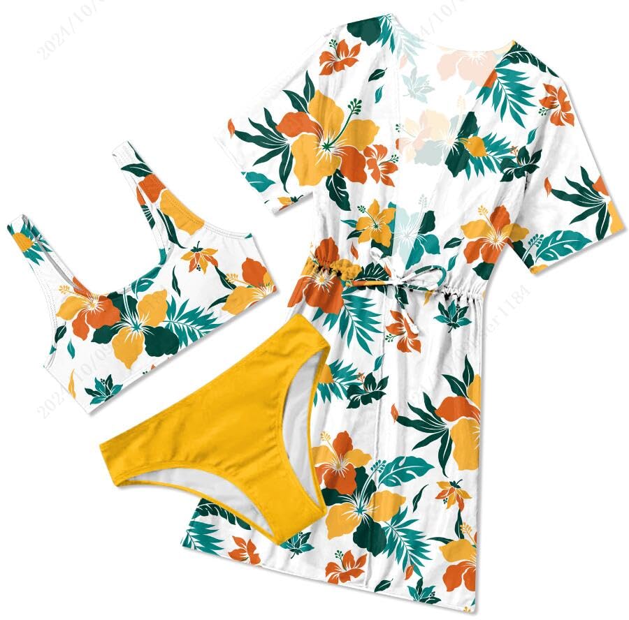 AIDEAONE 5-16T Girls Bathing Suit 3 Piece Swimsuit Drawstring Quick Dry Tankini with Cover Ups