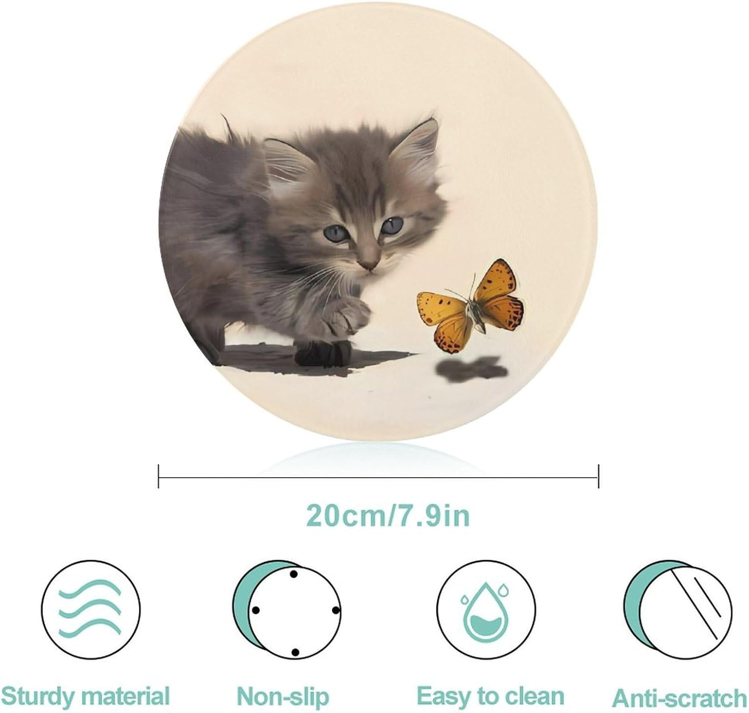 Cat and Butterfly Round Tempered Glass Chopping Board, 7.9 Inch Non-Slip Worktop Saver, Heat & Scratch Resistant Easy Clean Cutting Board for Home Kitchen Food Prep and Camping