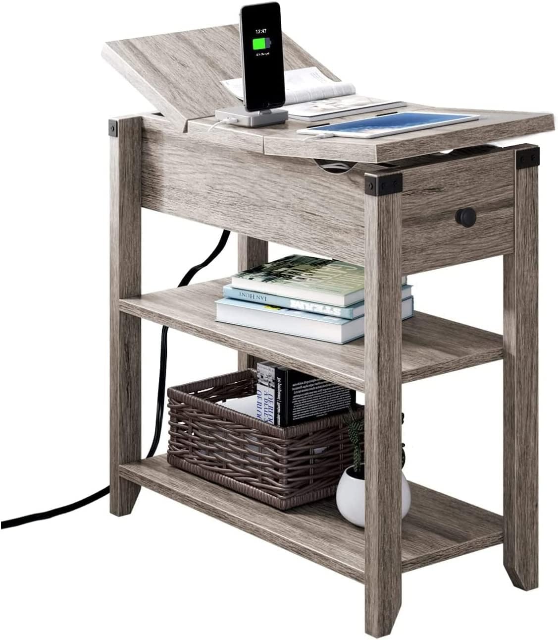 End Table with Charging Station, Narrow Flip Top End Side