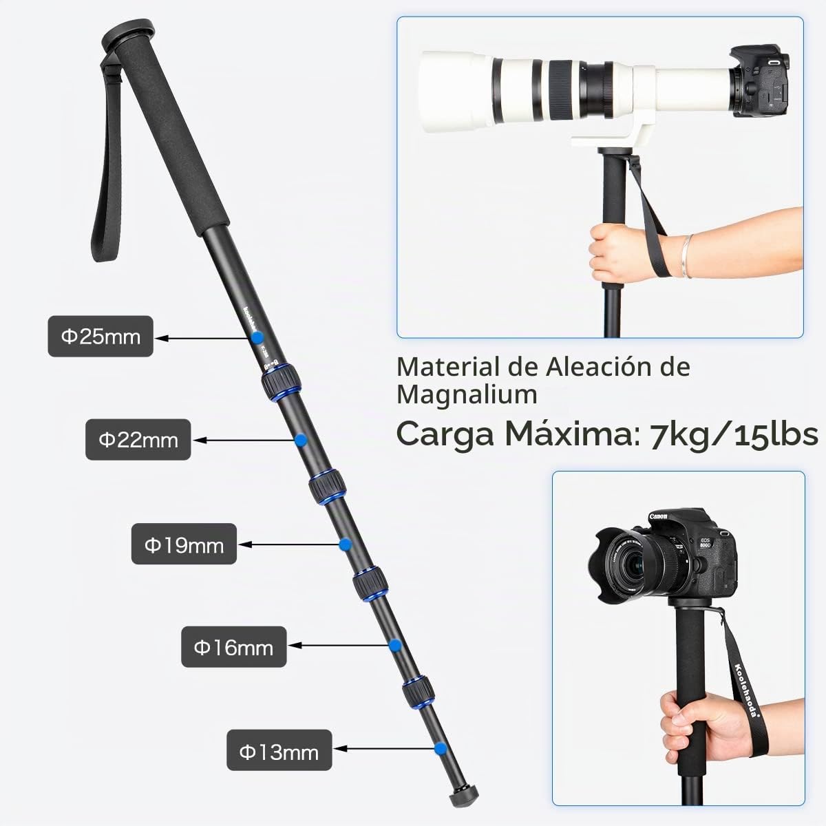 Monopié Extensible Koolehaoda para cámara de aleación de Aluminio con Base de Soporte para trípode, 5 Secciones, 52 cm-168 cm, Ajustable para cámaras SLR, videocámaras, Carga útil de hasta 7 kg