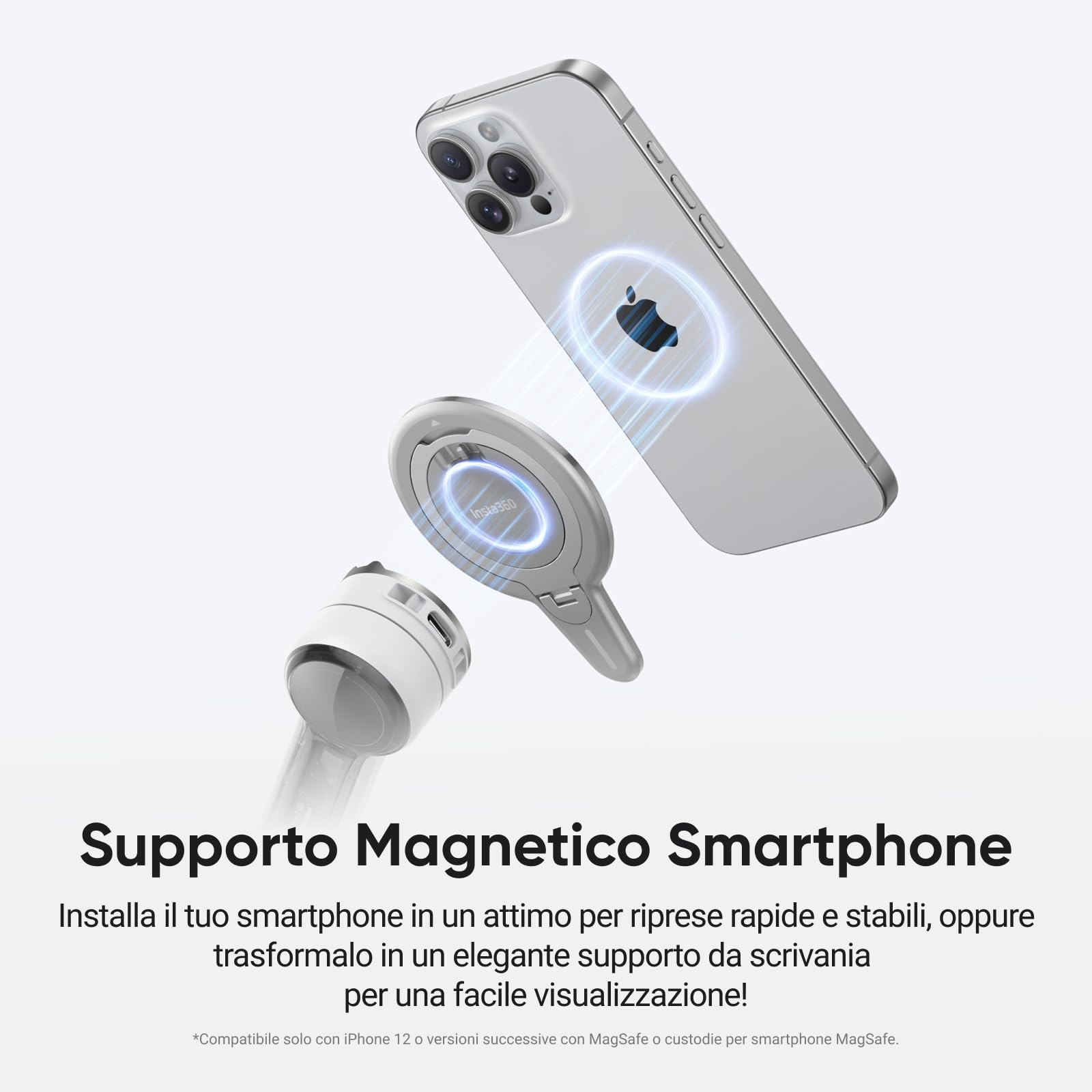 Insta360 Flow 2 Pro Pack Supporto Magnetico - Gimbal Pieghevole IA per iPhone/Android, Stabilizzazione a 3 Assi, Tracciamento in Oltre 200 App con Apple DockKit, Attacco MagSafe