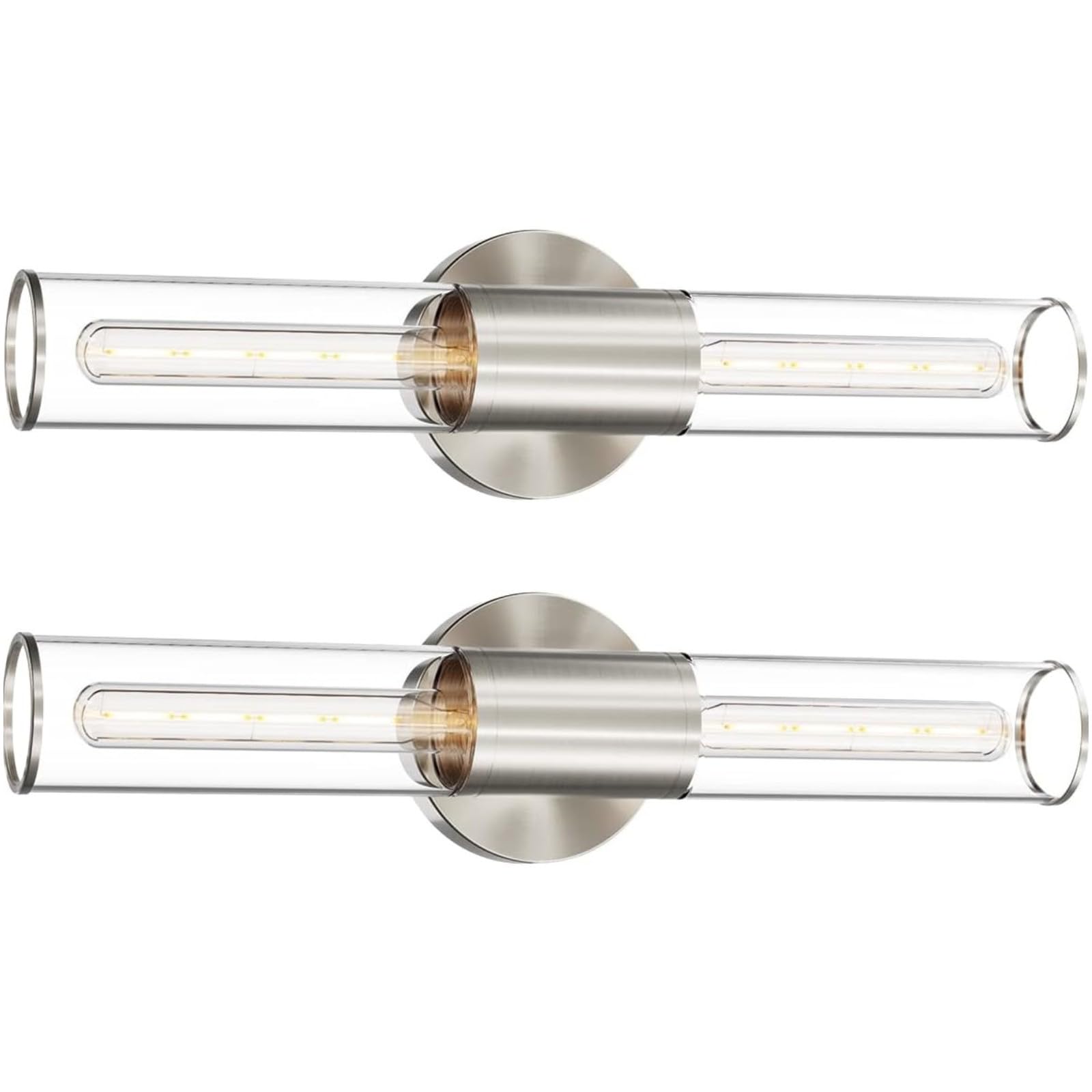 Bathroom Vanity Light Fixture, 2-Light Brushed Nickel Wall Sconce Lighting Fixture with Clear Glass, Indoor E26 Socket Silver Wall Lamp for Mirror Living Room Hallway, 2 Pack