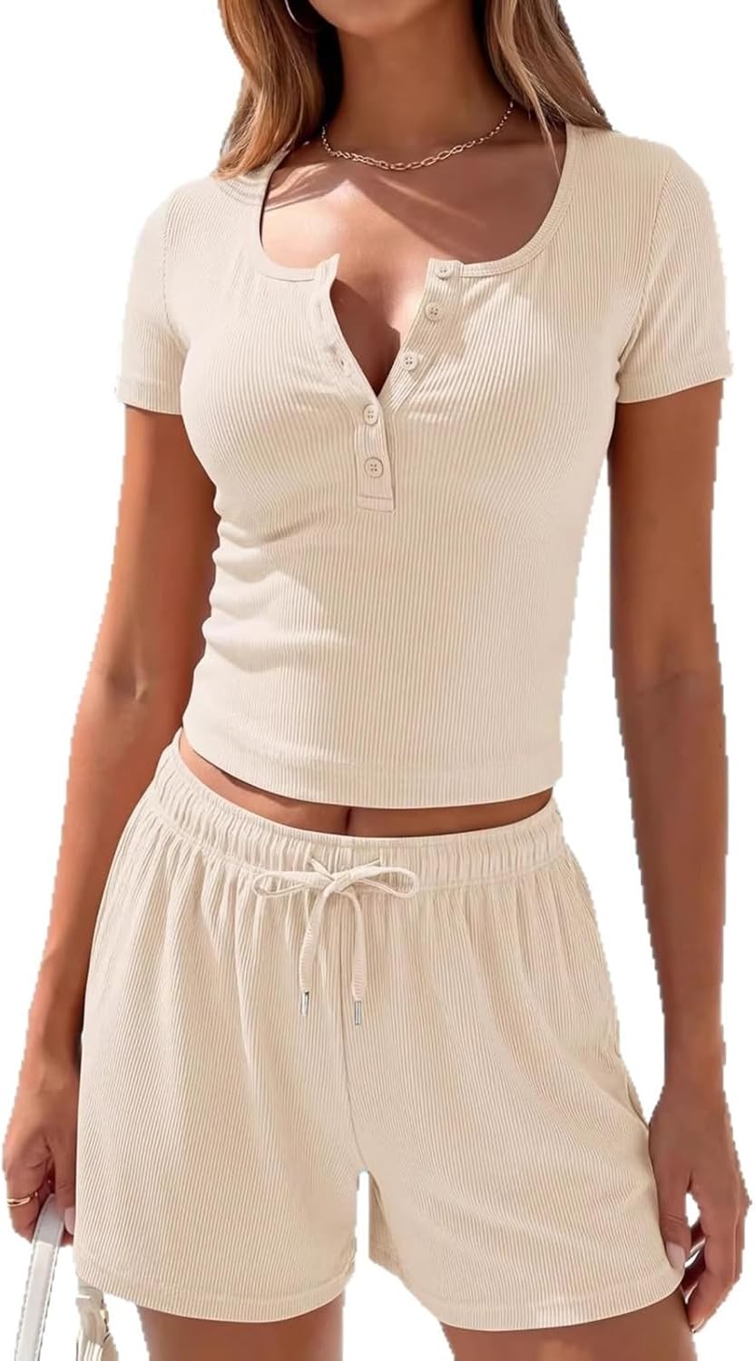 Women's Spring Summer V Neck Short Sleeve T-Shirt and Shorts Set Casual
