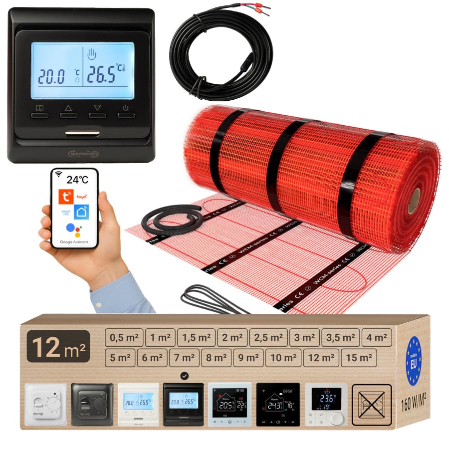 Warmcoin elektrische Fußbodenheizung Set 12 m² 160 W/m² – WLAN Thermostat W51 Schwarz mit verbessertem Sensor – Heizmatte für Laminat, Vinyl, Fliesen – Fußbodenheizung Komplettset
