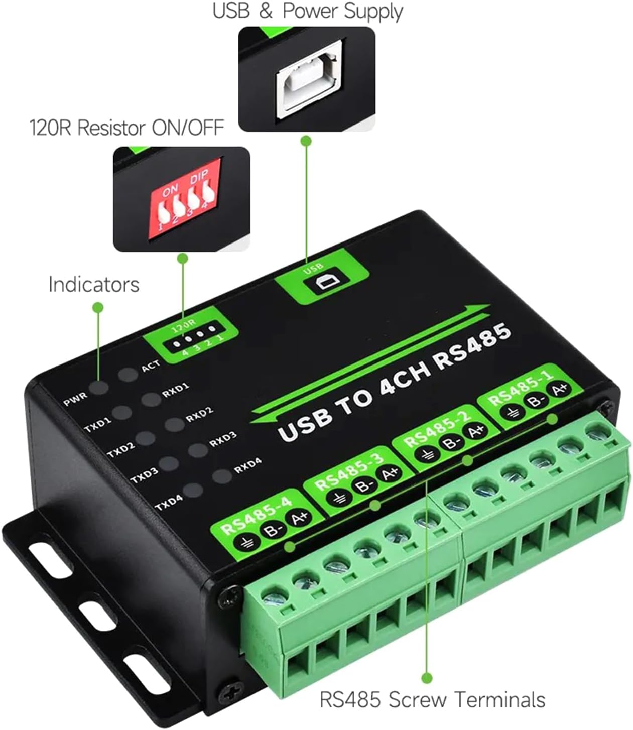 USB to 4-Way RS485 Converter Industrial Grade Type SerialPort Module Compatible Multiple Systems Multi Protections Circuits