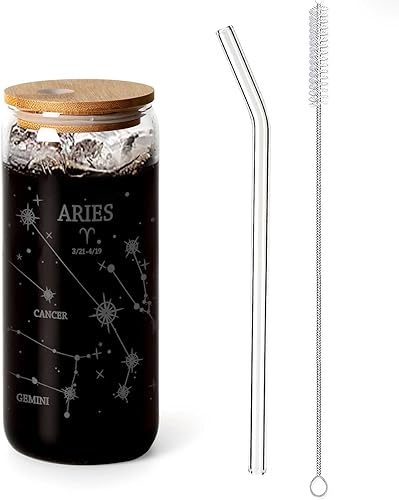 Aries - Tazas de café helado de 20 onzas Tazas de vidrio con tapas y pajitas Vaso de vidrio de constelación de astronomía con tapa de bambú y