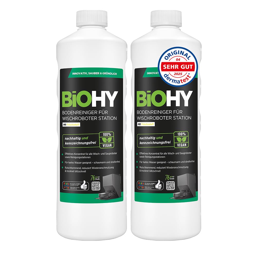 BiOHY Limpiador de suelos para robot de limpieza con aroma fresco (2 x 1 litro) | detergente concentrado para todos los robots limpiadores y aspiradores con función húmeda | sin espuma y sin rayas |
