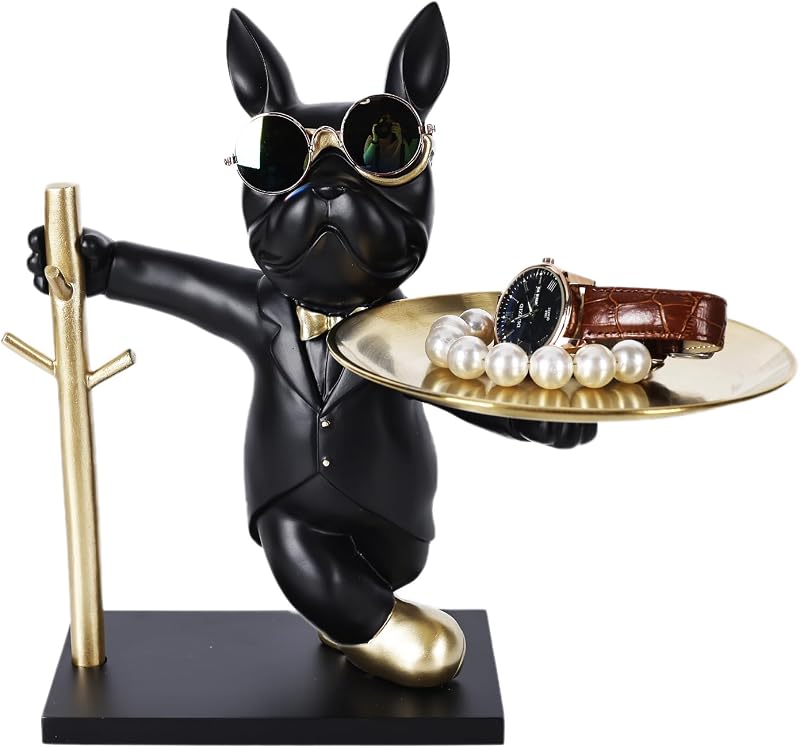 suruim Bulldog Szobor Tárolótálcával - Fekete Műgyanta Asztali Dekoráció Kulcstartó Ékszertartó Persely Funkcióval - Modern Állat Szobor Ott