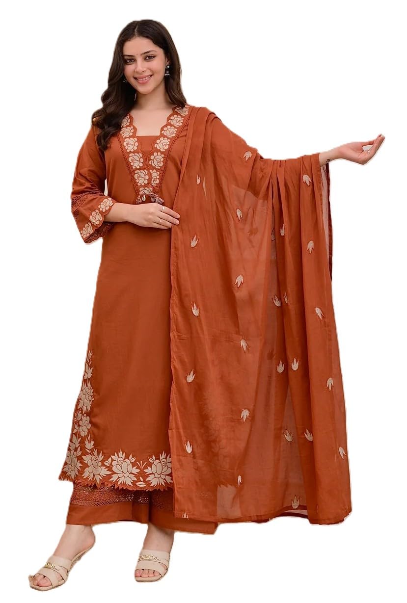 Women's Embroidered Kurta Palazzo Dupatta Set, Rust Orange, Floral Design, 3-Piece Ethnic Wear