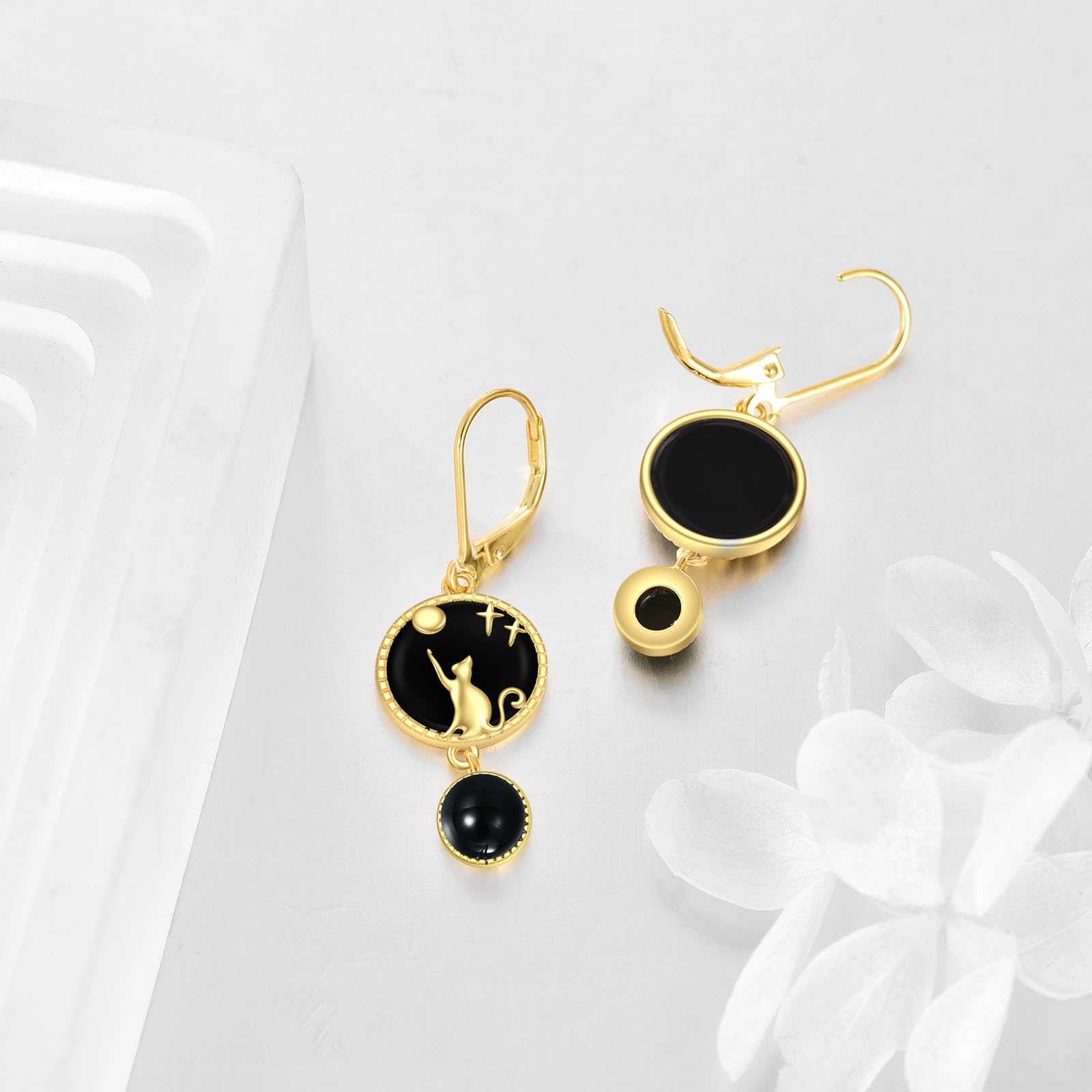 Schwarze Onyx Katze Ohrringe Sterling Silber - 18 Karat Vergoldete Leverback Tropfen Schmuck Geschenke für Damen Mädchen