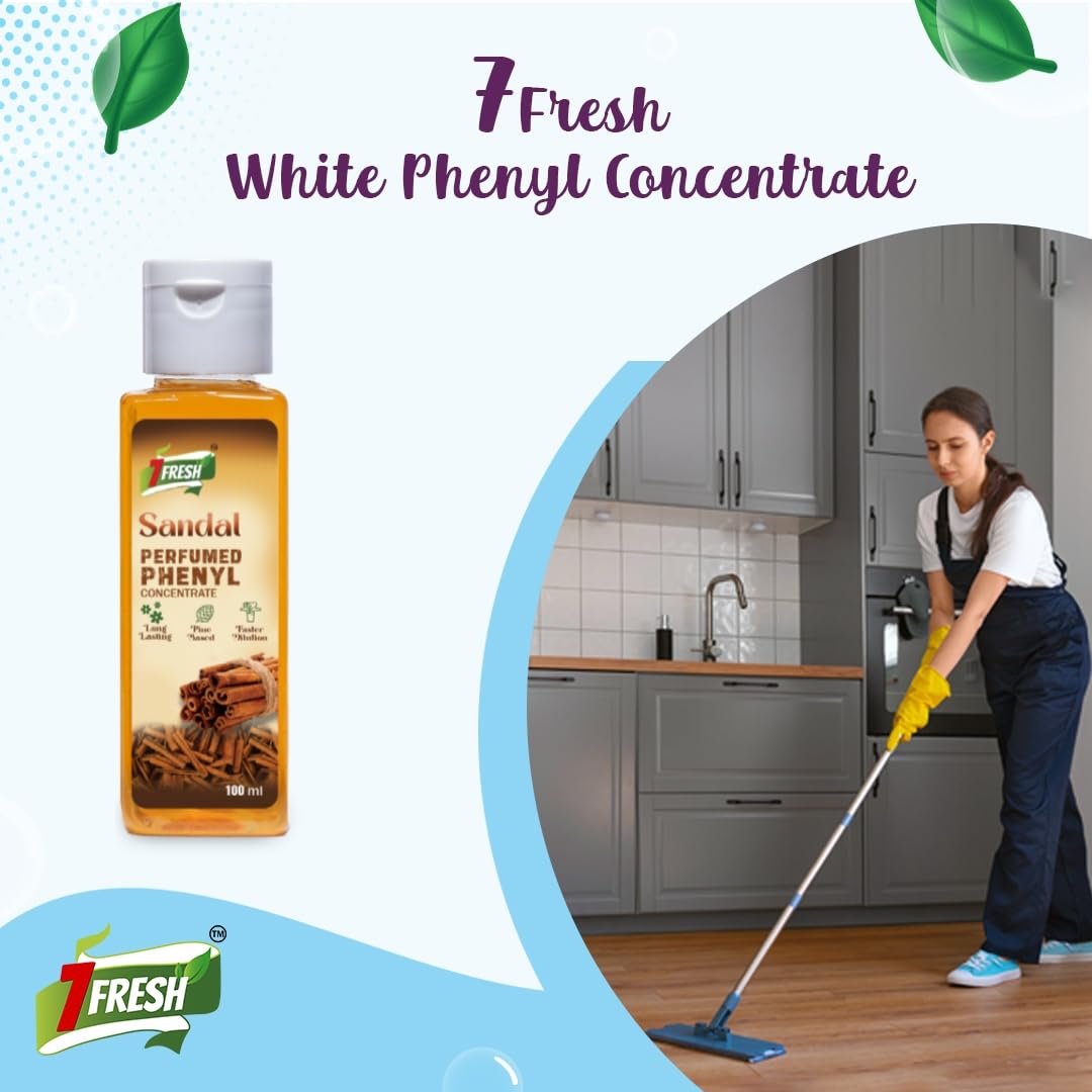 7Fresh Perfumed Phenyl Concentrate Liquid (SANDAL+LIME+EUCALYPTUS+MARIGOLD Combo Pack)(100 ml x 4 Units =400 ml) (MAKES 10 TO 16 LITRE OF THICK WHITE PHENYL) Pine Based / Long Lasting / Faster Dilution / Phenyl Essence 1