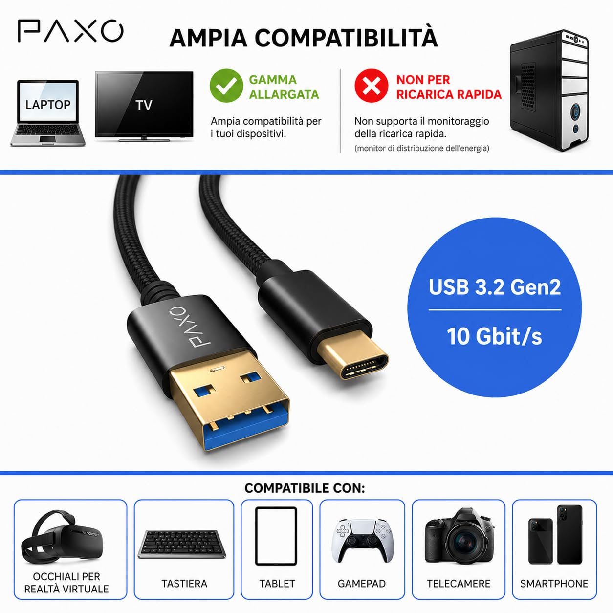 PAXO Cavo USB C 0,5m USB 3.2 Gen2 10 Gbit/s Nero