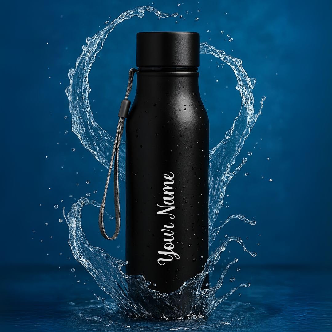 Giftana Personalized Water Bottle with Name/Custom Engraved Stainless Steel Water Bottle 750ml, Single Walled Fridge Customized Bottle, Gifts for Family, Corporate Gift for Employee (Black)