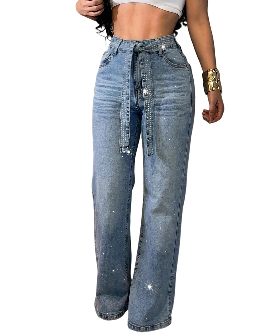 Photo 1 of CHICME Women's Rhinestone Flare Jeans - Blue - X-Large
