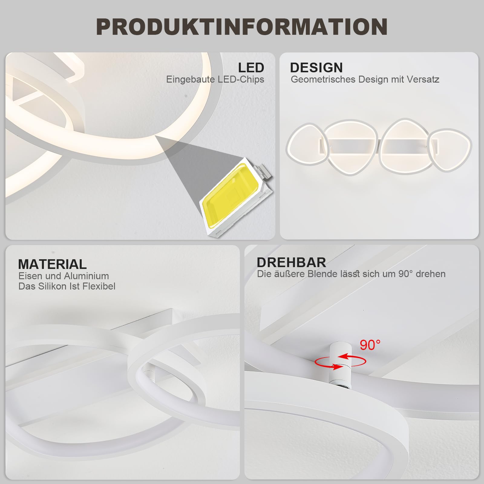 Qamra Lampara Techo Moderna 4 Anillos,Plafon LED Techo Blanca,82 cm,4000 K | Lámpara de techo de 60 W, Fabricada Principalmente con Aluminio, Hierro y Silicona,Adecuado para Bano,Cocina,Comedor