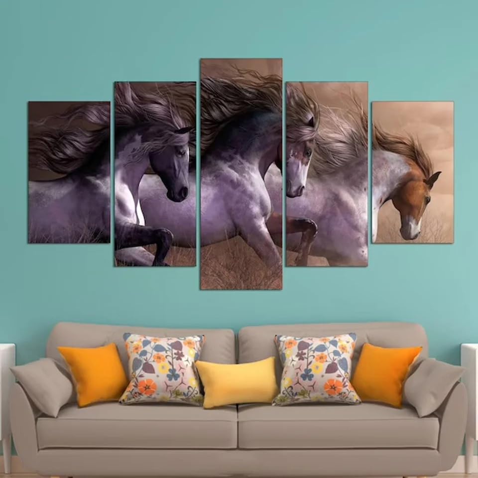 Tableau decoration murale de 3 chevaux blancs courant | Impression sur toile en 5 parties