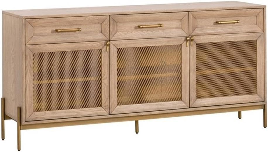 Pemberly Row 3-Drawer Mesh Front Media Sideboard, 65"W x 18.25"D x 35"H, Honey Oak Finish with Brushed Gold Accents, Wood and Metal, Adjustable Shelves, Cord Management, Buffet or Living Room Storage