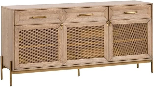 Maklaine Traditional Wood Media Sideboard, 65"W x 35"H, Light Honey Oak and Brushed Gold Finish, Metal Mesh Doors, Adjustable Shelves, Felt-Lined Drawers, Tip Kit Included, Storage for Living Room or