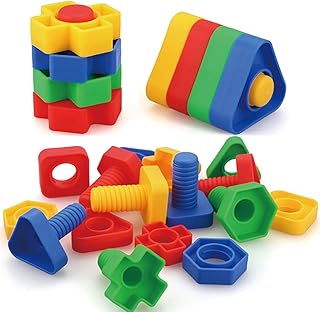 RHYOCIYE 32 PCS Jumbo Nuts and Bolts Stacking Set with 10 PCS Connecting Plate Shapes Colors Matching Toys STEM Montessori Toddler Rainbow Matching Game Construction Fine Motor Skills for Kids 4+