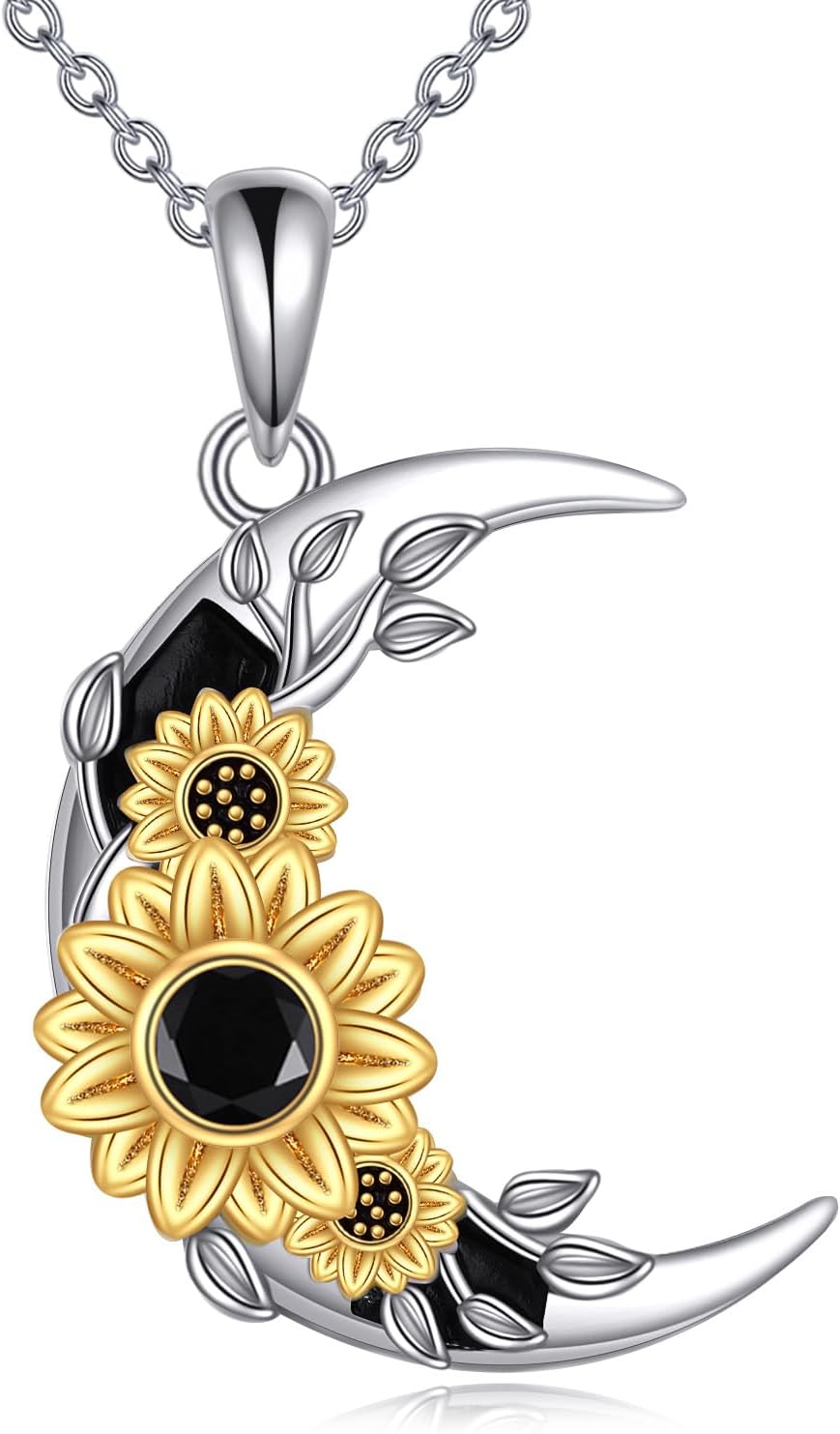 VONALA Black Obsidian Sunflower Pendant Necklace with Crescent Moon – 925 Sterling Silver Women's Dainty Jewelry, Symbolic Gift for Her