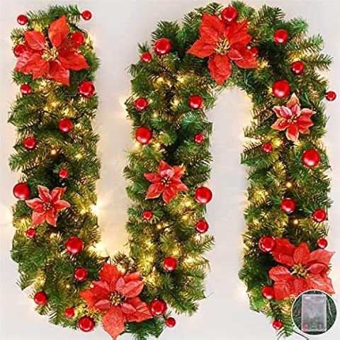 9FT/ 2.7M Christmas Garland Decorations, with LED Lights Christmas Wreath, for Fireplace Stairs Window Christmas Tree Christmas Party Home Decoration (Red) Cover