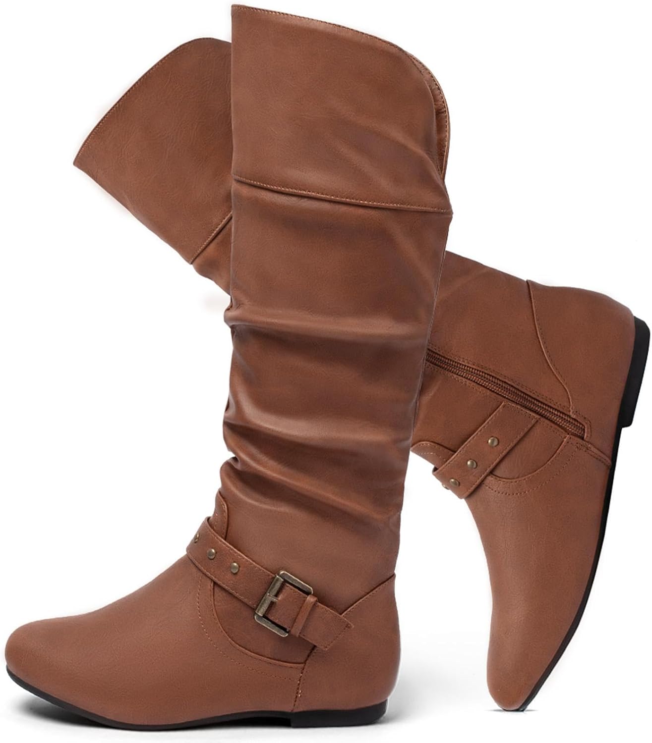 katliu Women's Slouchy Mid Calf Boots Zip up Flat Boots