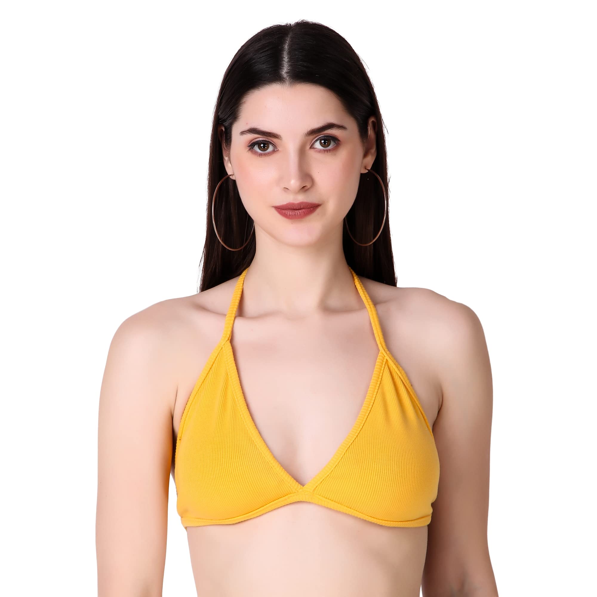 Backless Sleeveless Solid Beachwear Back Tie Up Women Trendy Top Rib Knit/Ribbed Women's Crop Cami Tank Bikini Top for Women | Beach Top (Free Size, Mustard)-image-43