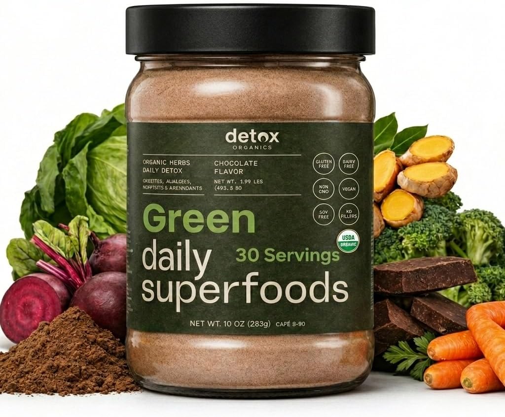 Greens Superfood Powder - Chocolate Flavor to Cleanse & Detox - Smoothie Mix Supplement with Organic Digestive Enzymes, Immune Support, Bloating Relief, Vegan, Low-Carb 30 Servings - by Detox Organics