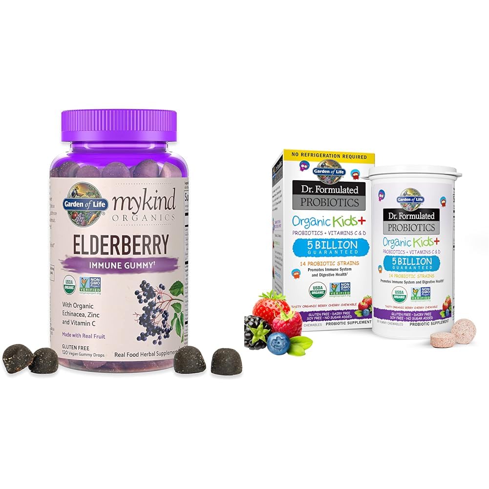 Garden of Life Organics Elderberry Gummies for Adults & Kids - Immune Support Supplement & Dr. Formulated Probiotics Organic Kids+ Plus Vitamin C & D - Berry Cherry