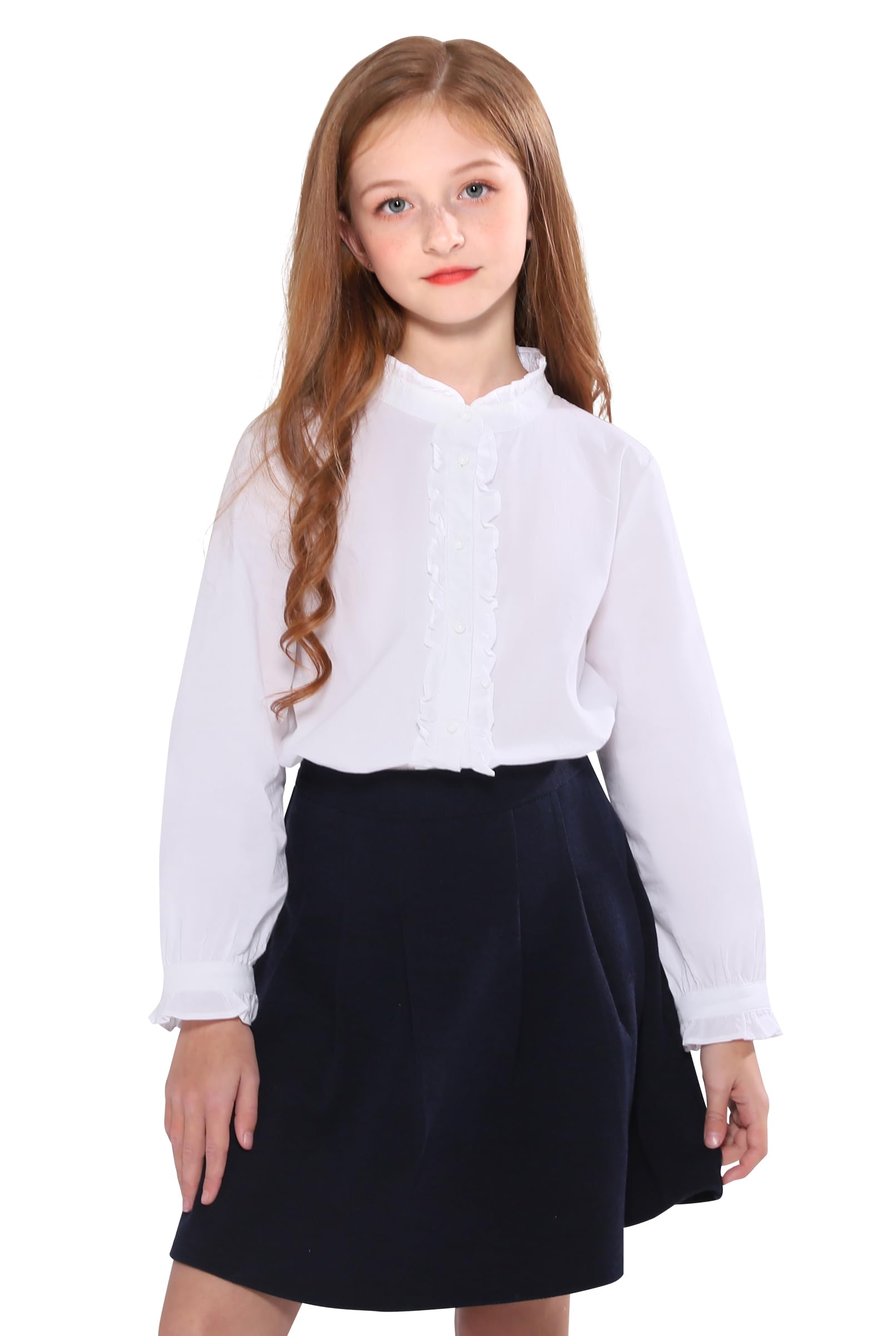 SOLOCOTEGirls Cotton Button Down Long Sleeve Blouse School Uniform Tops for Spring Summer