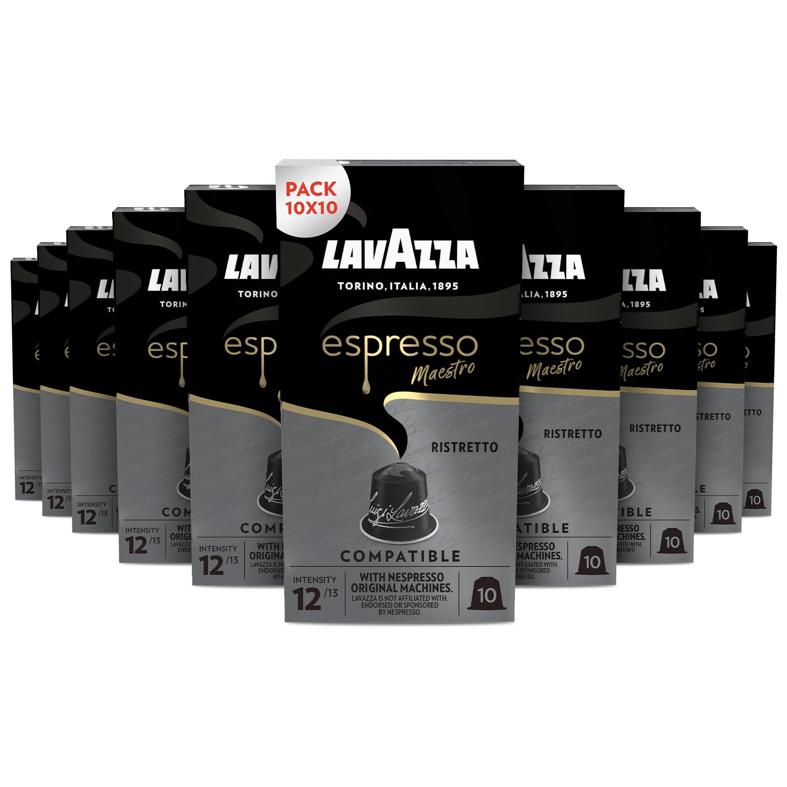 Lavazza, Espresso Maestro Ristretto, 100 Aluminium Capsules Compatible with Nespresso Original, Arabica and Robusta, Caramel and Chocolate Notes, 10 Packs of 10 Capsules