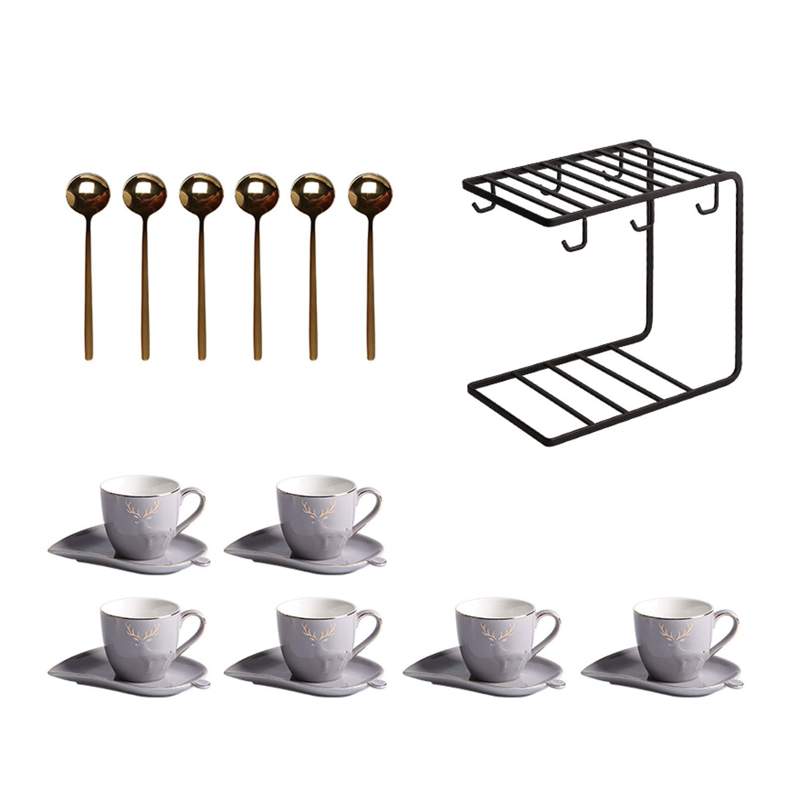 Kubek porcelanowe filiżanki do espresso ze spodkami i łyżkami 145 ml zestaw filiżanka do kawy i spodek złota dekoracja i czarny metalowy wspornik zestaw do herbaty, zestaw 6 filiżanek do kawy