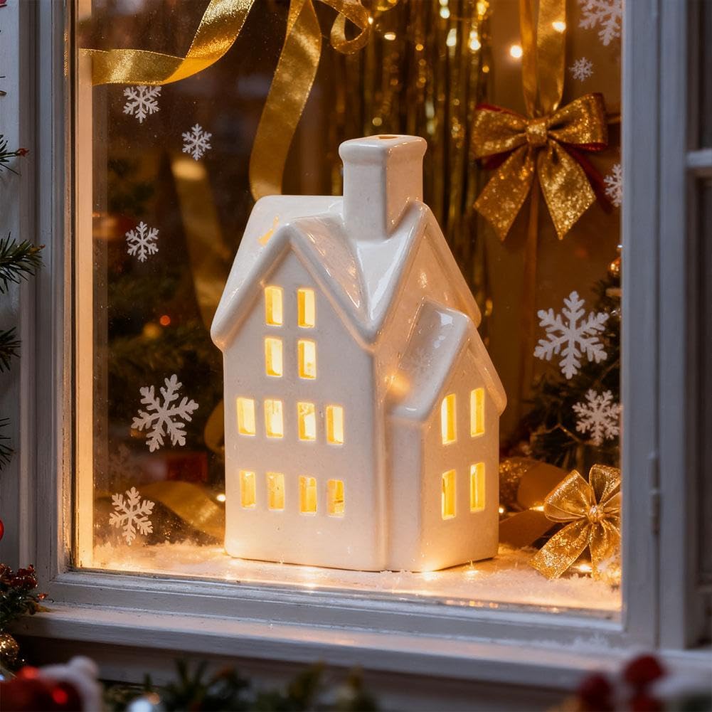 Maisons de village de Noël en céramique, petites figurines de village de Noël lumineuses, scène de neige, décoration de table pour bureau, cheminée de Noël, décoration de fête de Noël