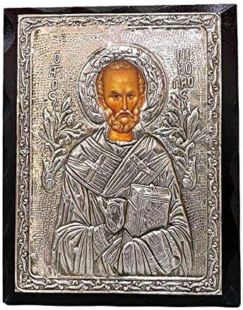Handmade Greek Christian Orthodox Wood-Metallic icon of Saint Nicholas (24 X 19cm or 9.4 X 7.5 In) Solid Wood
