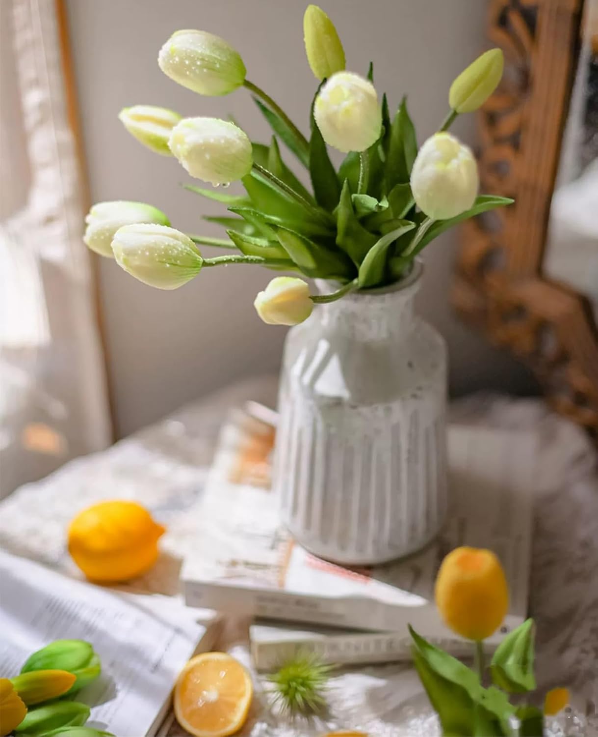 15 Pcs White Tulips Artificial Flowers Faux Tulips Real Touch Latex Fake Flower Bouquet for Spring Wedding Home Décor Centerpiece Arrangements - Image 5