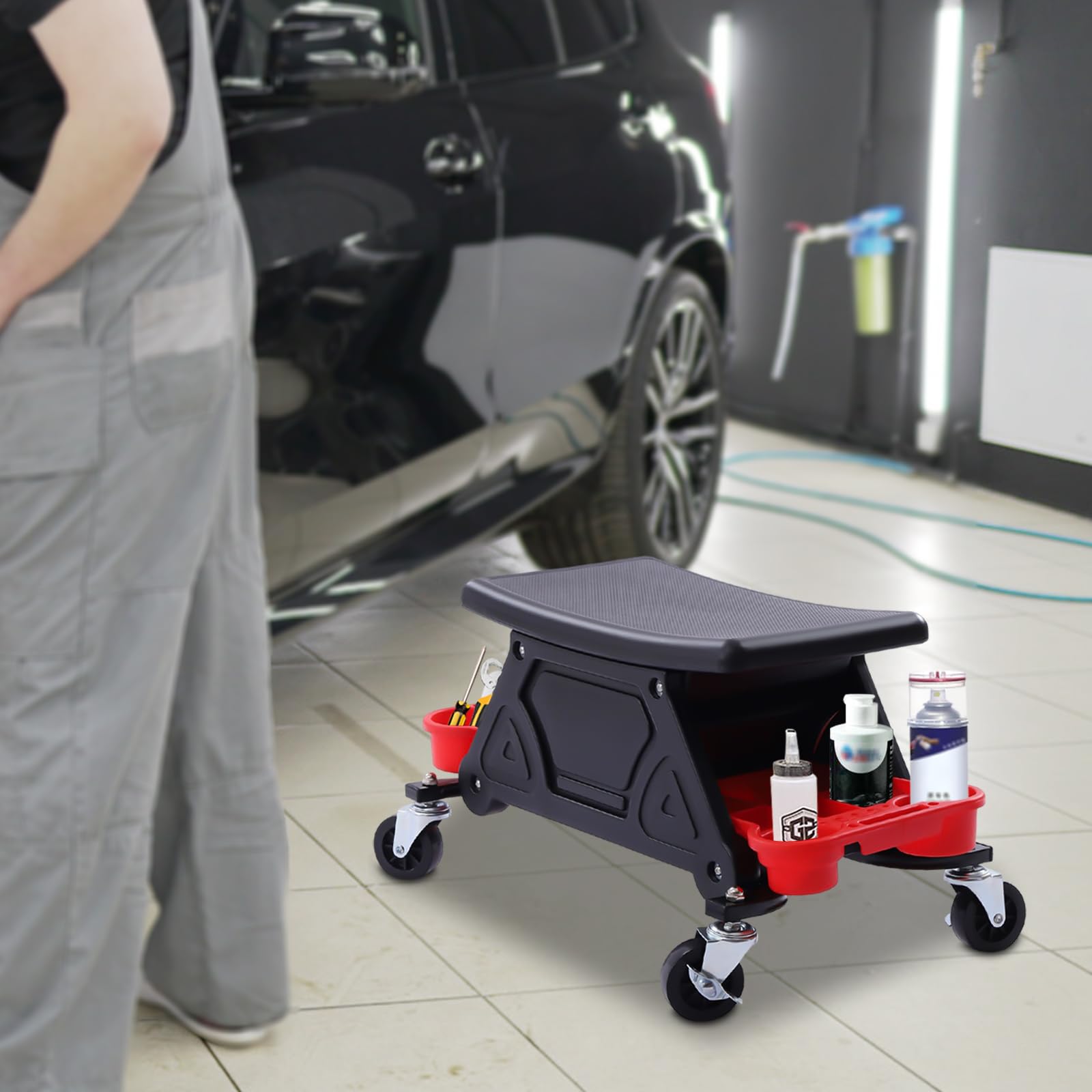 Carrello per officina, 150 kg, sgabello da officina, sedia a rotelle, sedia da officina, sgabello, carrello degli attrezzi, con ruote, per lavori fai da te, riparazione auto