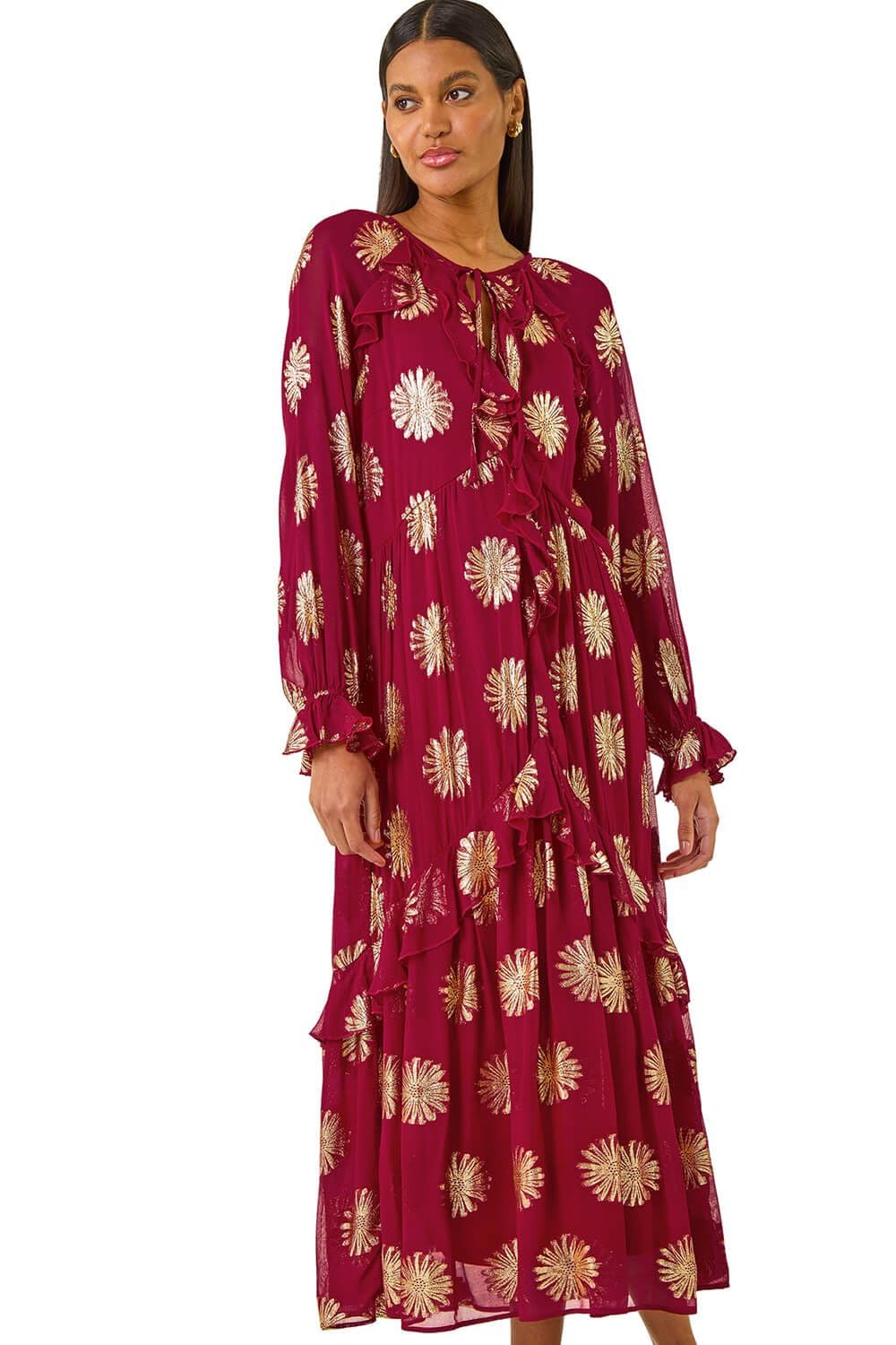 Roman Women's Red Frill Brocade Midi Dress Size 12