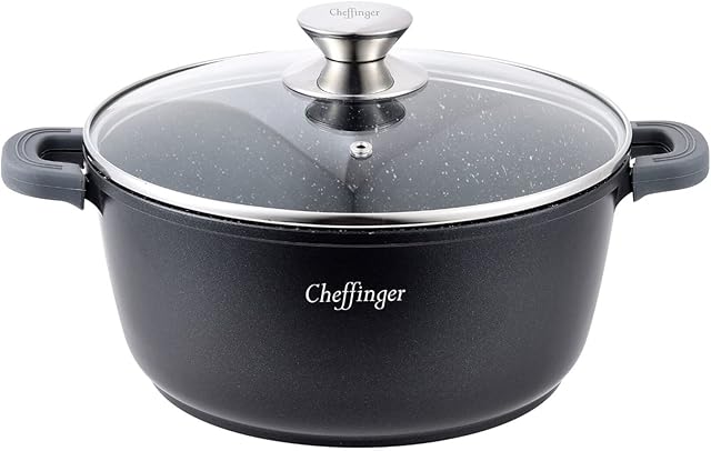 Cheffinger CF-DC24 BLK garnek do gotowania, odlew aluminiowy, do kuchenek indukcyjnych, Ø 24 cm, garnek do zupy, patelnia, pokrywka, garnek do smażenia