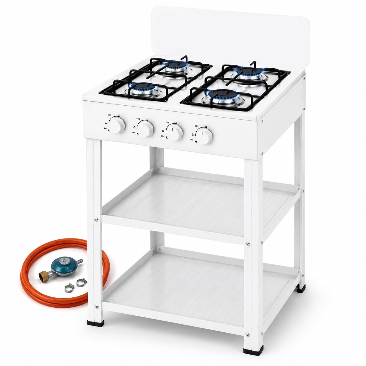GrecoShop Fornello a Gas White 4 Fuochi con Supporto e Ripiani Laterali, Cucina a Gas in Acciaio, Piano Cottura 4 Bruciatori ad Alta Potenza, Salvaspazio per Interni, Esterni, Campeggio e Giardino