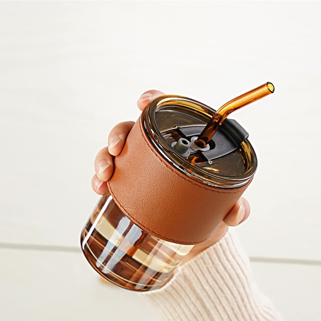 Farielyn-X Glass Sipper Tumbler Lid and Straw Coffee Tumbler Tea Coffee Mugs with Leather Sleeve Cup and Mug for Kids Milk Juice Mug for Water Drinking Sipper Set of 1 (Lether mag, 1)-picture-20