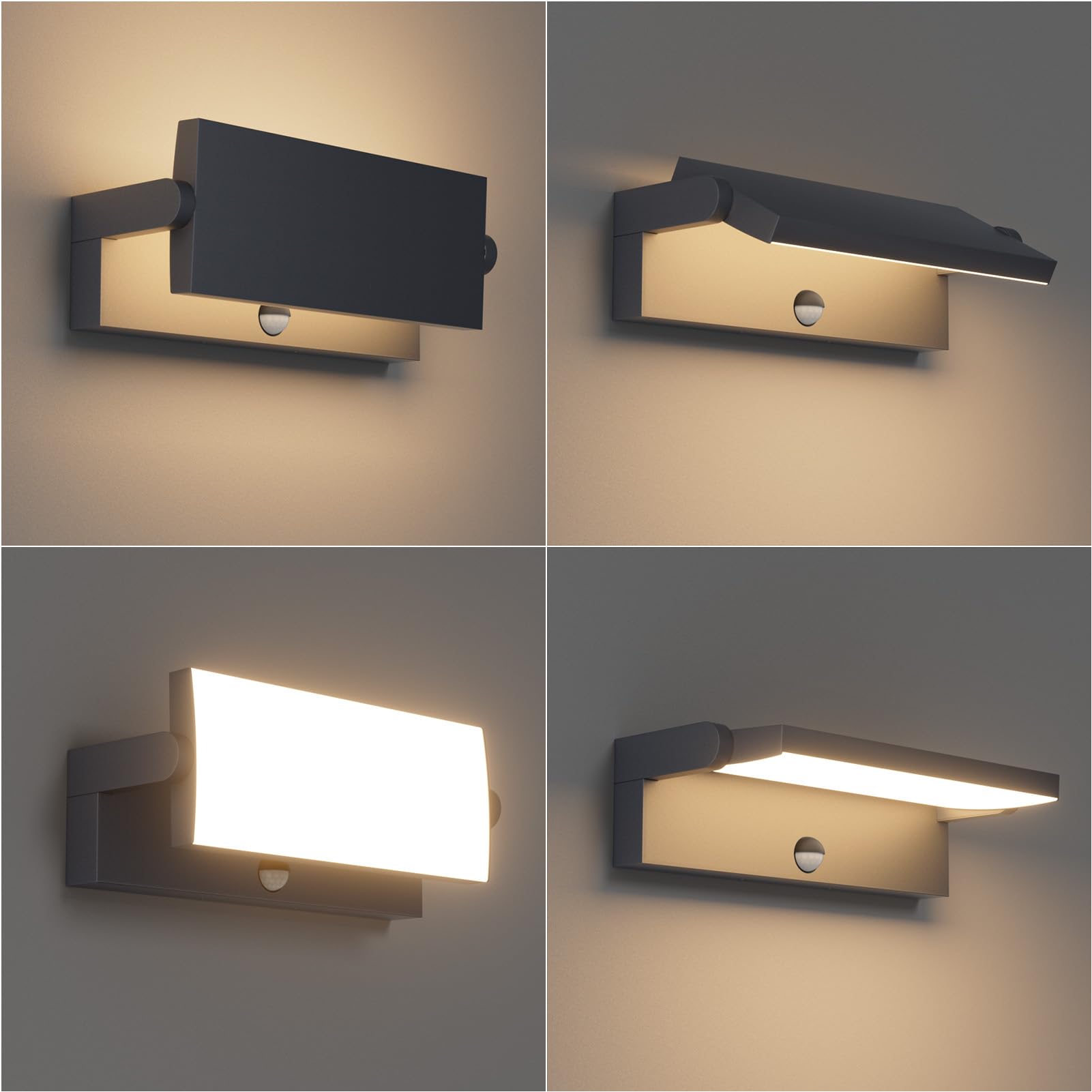 Klighten 24W LED Applique Esterno/Interno con Sensore di Movimento, Lampade da Parete Orientabile IP65 Applique da Parete in Alluminio per Ingresso Terrazza, 3480LM, Bianco Caldo 3000K, Antracite